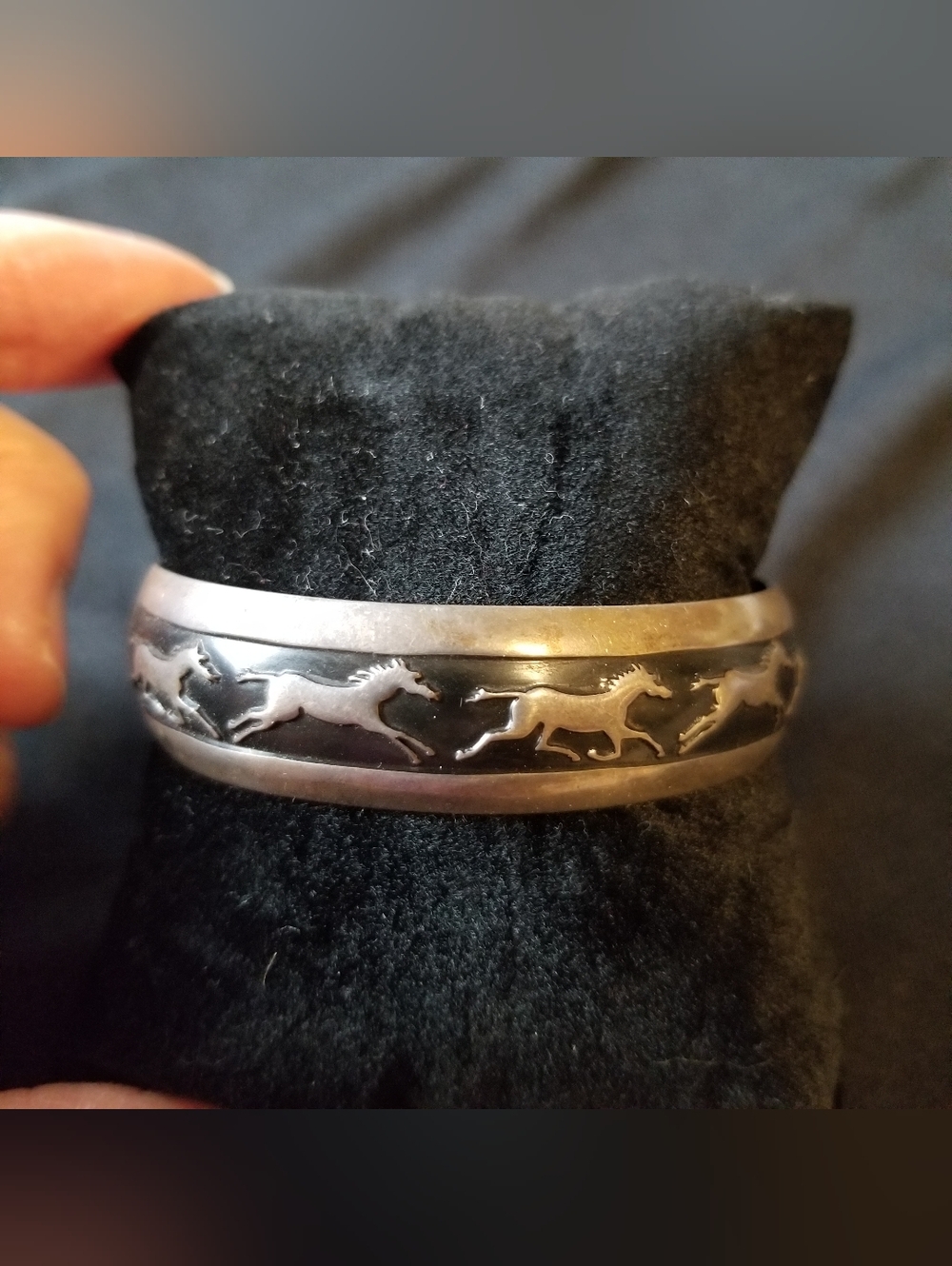 Vintage Sterling Silver Navajo Cuff Running Horse Bracelet by Artist B. Webb